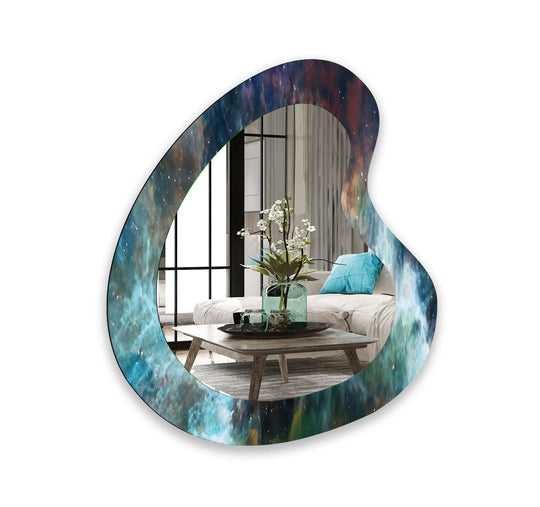 Blue Accent Abstract Irregular Wall Mirror with asymmetric glass and a vibrant blue nebula design reflecting a modern living room