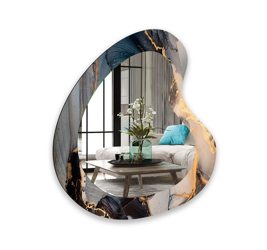 Modern Gold Abstract asymmetric wall mirror with a fluid art design in blue and gold reflecting a living room interior