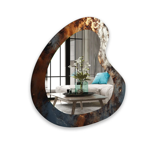 Highlighting the realistic detail, this uniquely shaped grey and gold decorative mirror for wall decor features a rust-like frame that reflects a stylish interior.