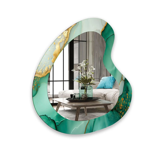 Negative space defines the kidney-shaped Green Alcohol Ink Glass Wall Mirror, a stunning example of decorative wall art that enhances the reflected scene.
