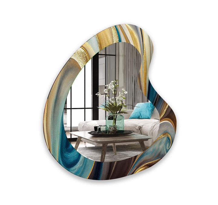 Turquoise & Gold Marbled Kidney Glass Wall Mirror