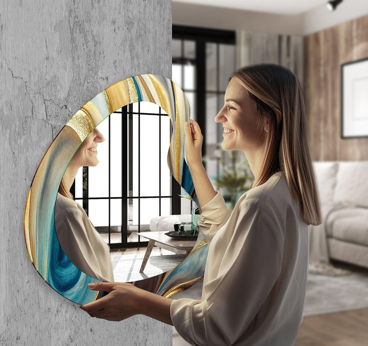 Turquoise & Gold Marbled Kidney Glass Wall Mirror