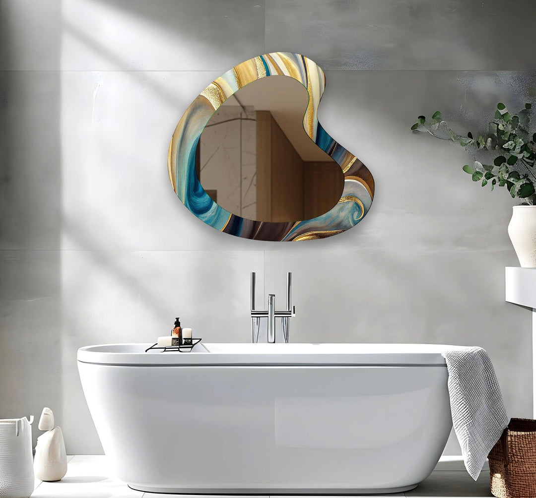 Turquoise & Gold Marbled Kidney Glass Wall Mirror