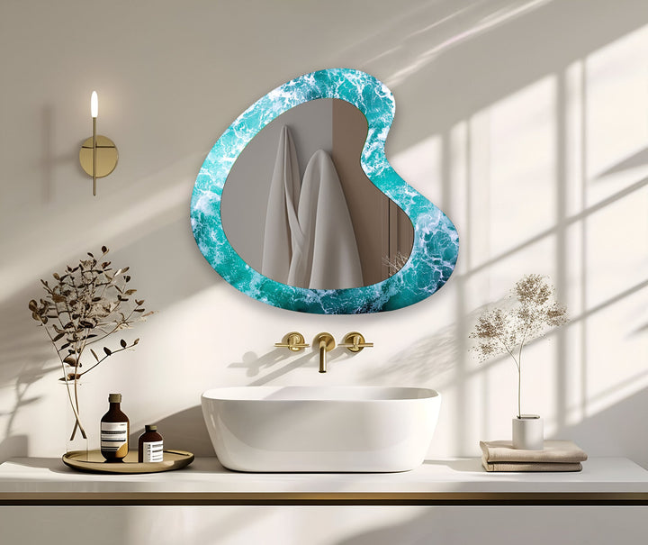 Dekorativer Wandspiegel aus Glas mit blauen Wellen