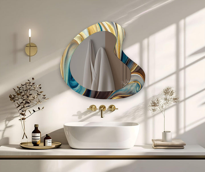 Turquoise & Gold Marbled Kidney Glass Wall Mirror