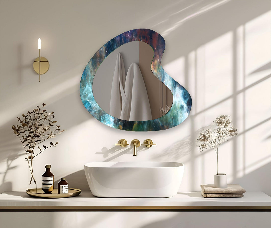 Mirror wall art with abstract shapes and reflective surfaces for a modern artistic vibe
