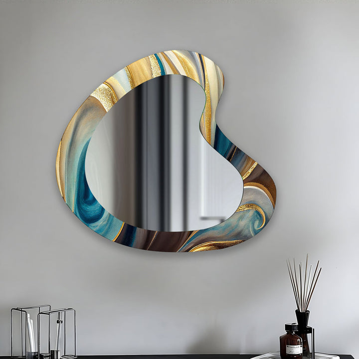 Turquoise & Gold Marbled Kidney Glass Wall Mirror