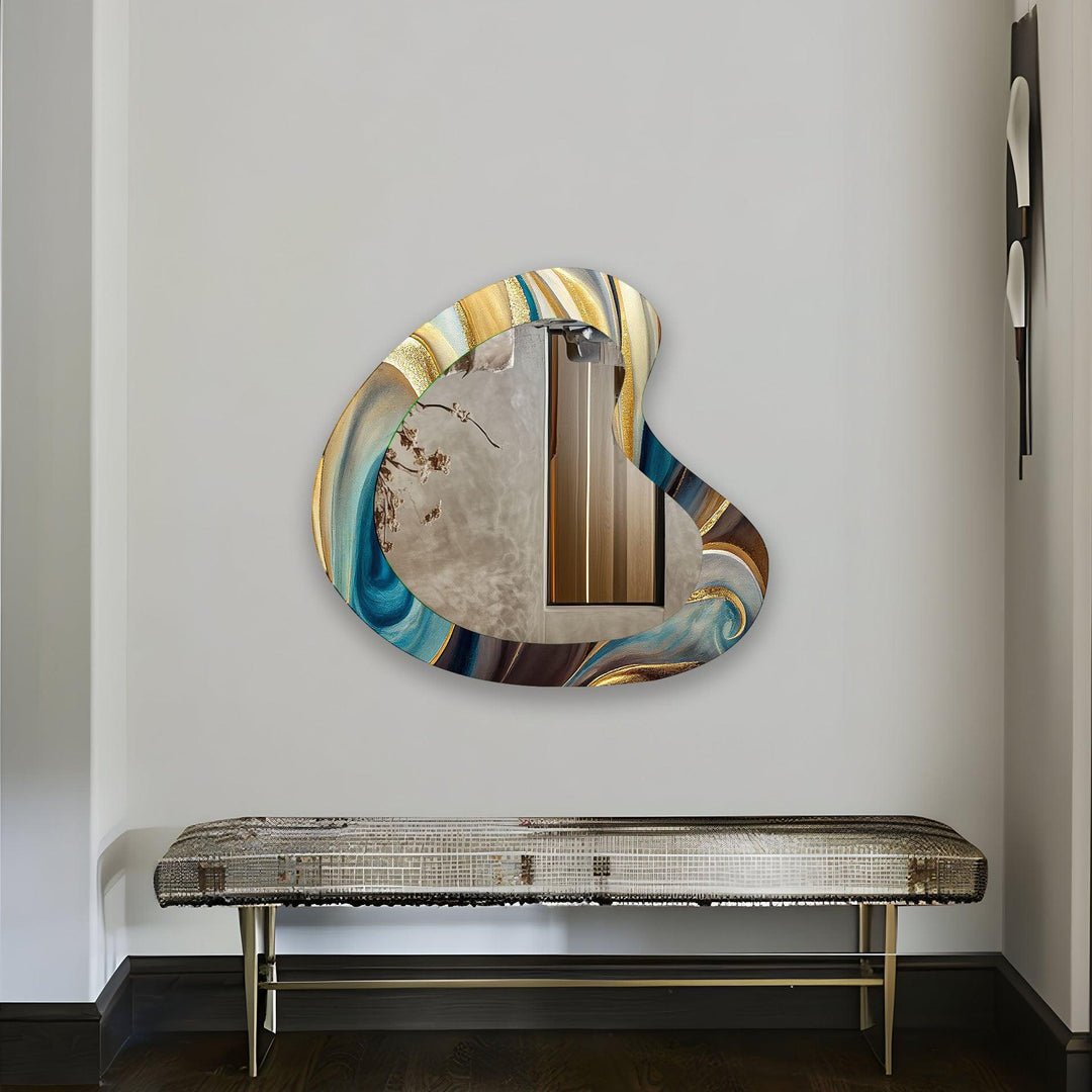 Turquoise & Gold Marbled Kidney Glass Wall Mirror