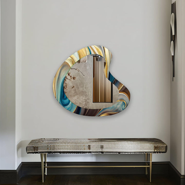 Turquoise & Gold Marbled Kidney Glass Wall Mirror