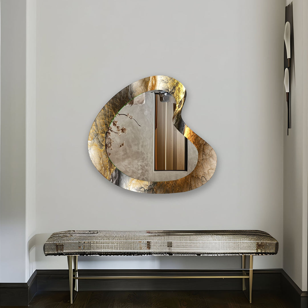 Decorative wall mirror blending artistic patterns with modern functionality for a unique look
