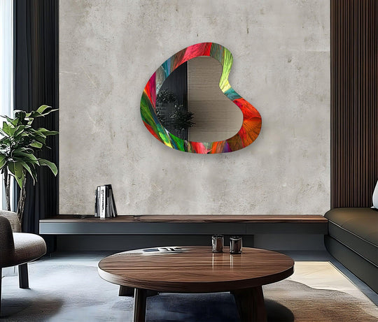 Reflecting light, the abstract kidney wall mirror's frame shows a smooth surface texture, enhanced by a vibrant, colorful design perfect for decorating with wall mirrors.