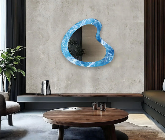 Soft, muted light reflecting in the blue sea waves aesthetic wall mirror, a stunning mirror for wall decor that adds a touch of oceanic elegance.