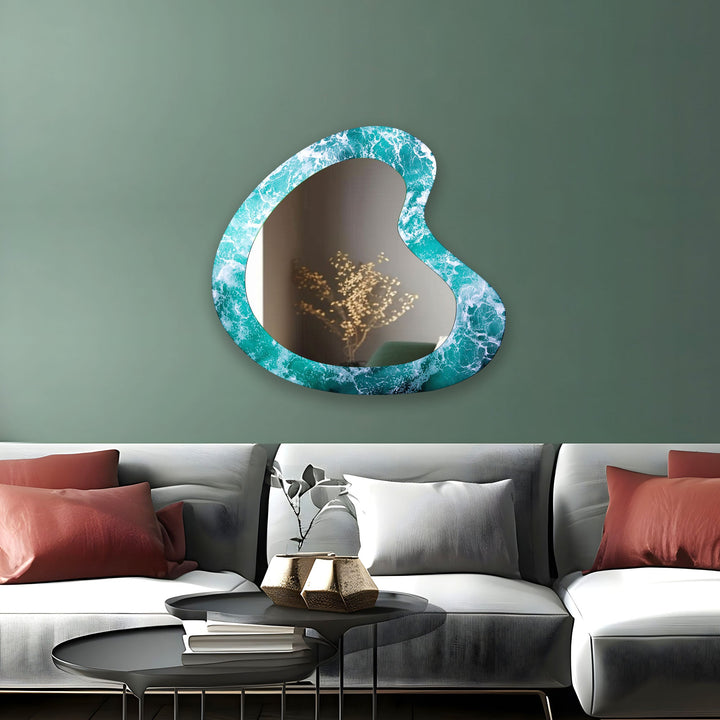 Dekorativer Wandspiegel aus Glas mit blauen Wellen