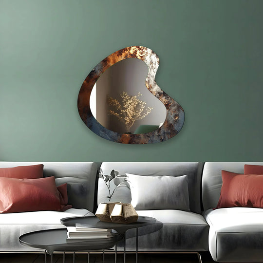 Rippling lines and mottled textures give this asymmetric decorative bathroom wall mirror the feel of decorating with wall mirrors, its shape creating a sense of movement.