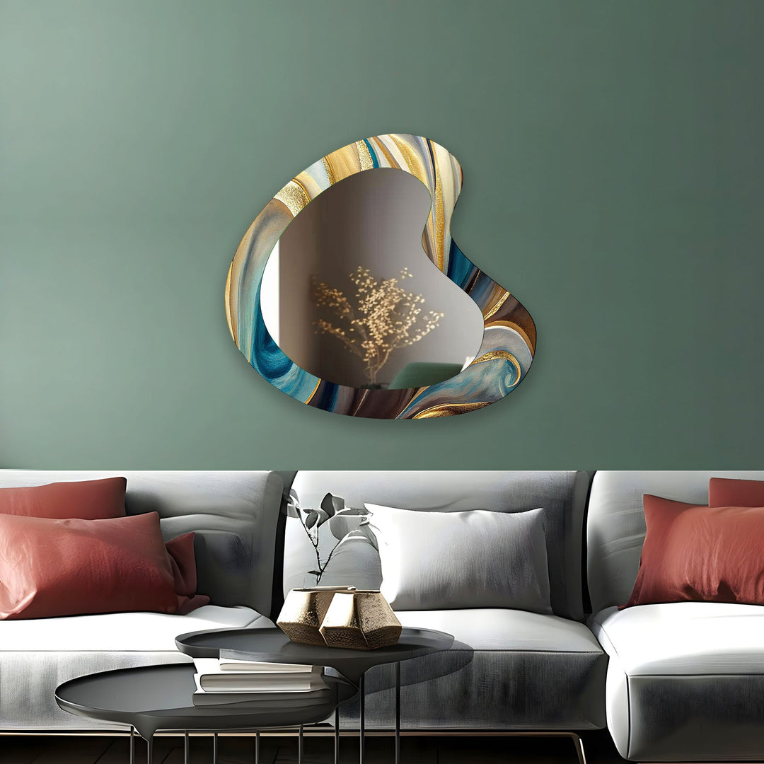 Turquoise & Gold Marbled Kidney Glass Wall Mirror
