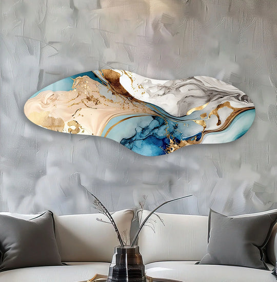 Irregular asymmetrical golden blue art from glass features a marbled finish with metallic gold accents.