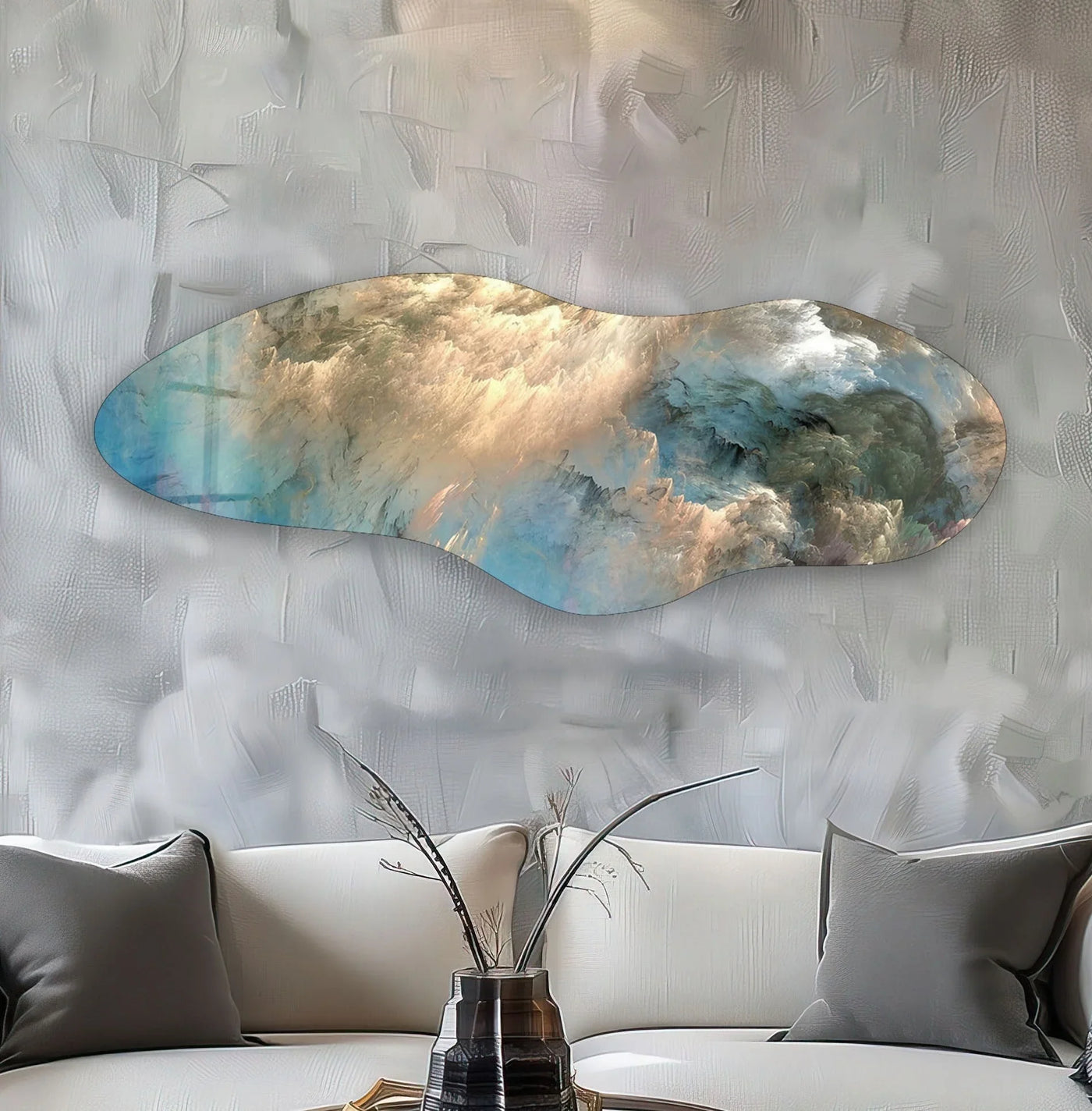 Asymmetrical alcohol ink glass wall art with swirling, layered hues of blue and gold creates a mesmerizing depth for your home decor.