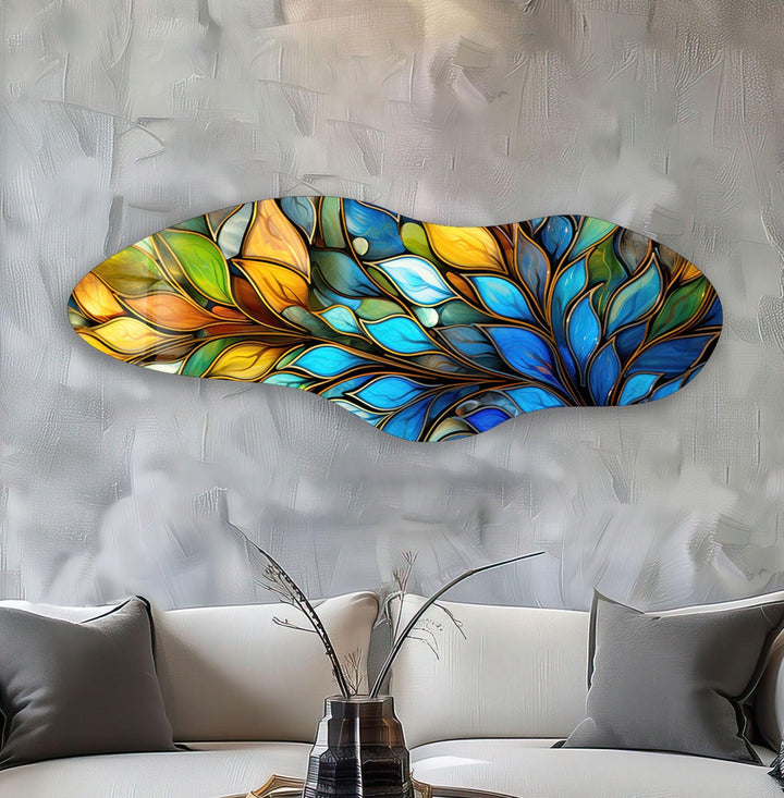 Irregular Asymmetrical Blue Botanical Glass Wall Art custom glass pictures, glass art prints

