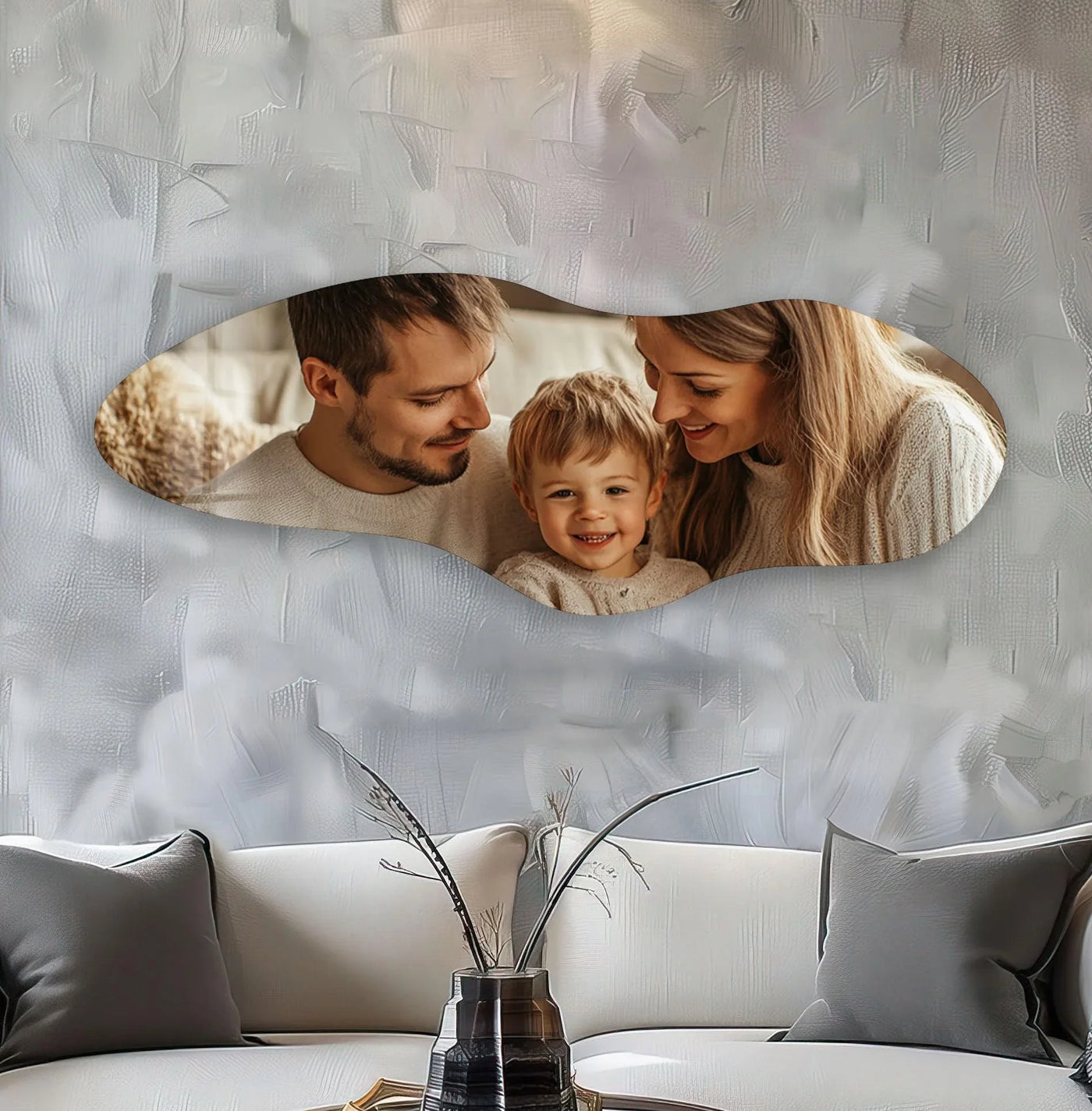Smiling family portrait printed as personalized wall decor in a custom asymmetric shape makes the loudest element, creating distinctive art from glass.