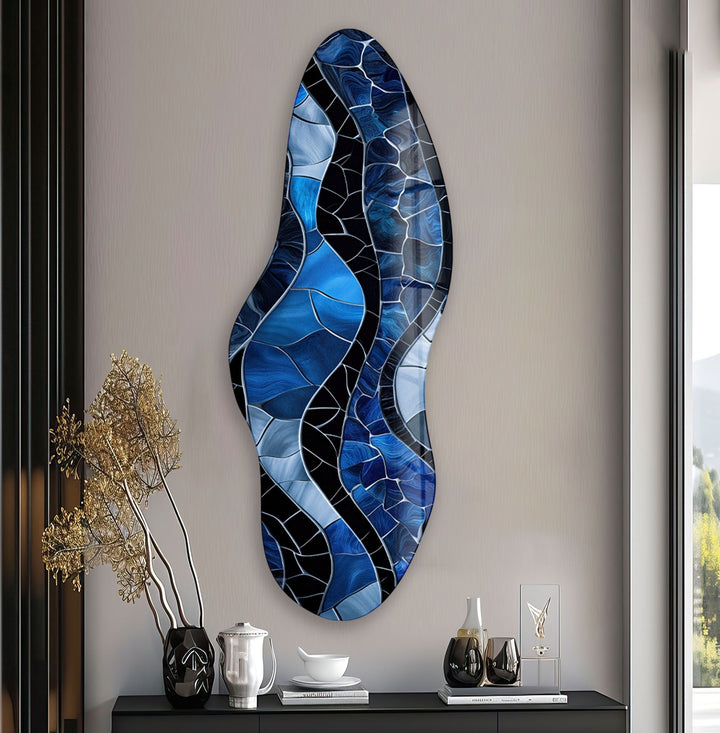 Irregular Asymmetrical Stained Dark Blue Glass Wall Art print picture on glass, Tempered Glass Wall Art
