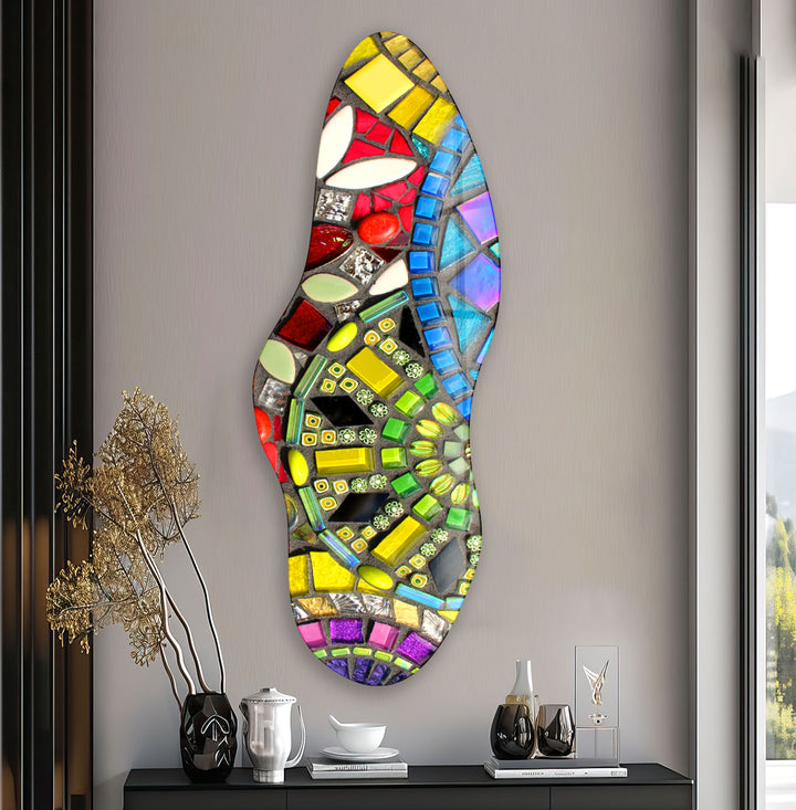 Yellow Mosaic Asymmetrical Glass Wall Art, custom glass pictures, glass art prints
