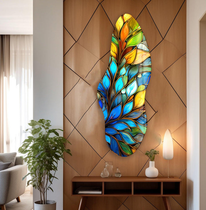 Irregular Asymmetrical Blue Botanical Glass Wall Art glass pictures for Wall, glass prints wall art
