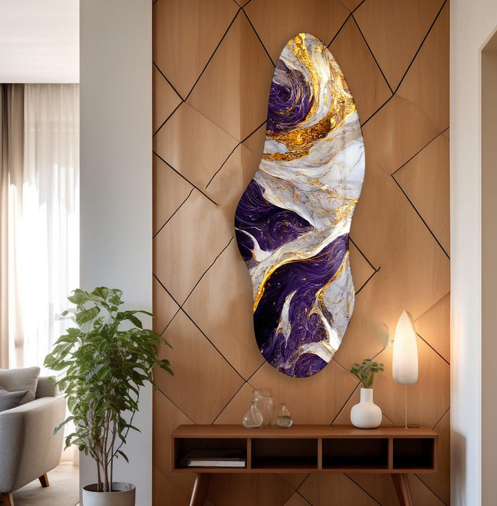 Irregular Asymmetrical Purple & Golden Glass Wall Art glass photo prints, glass picture prints
