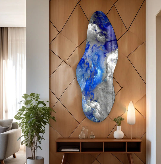 A surreal, fluid blue and white abstract glass art piece evokes a dreamlike mood, enhancing your home decor.