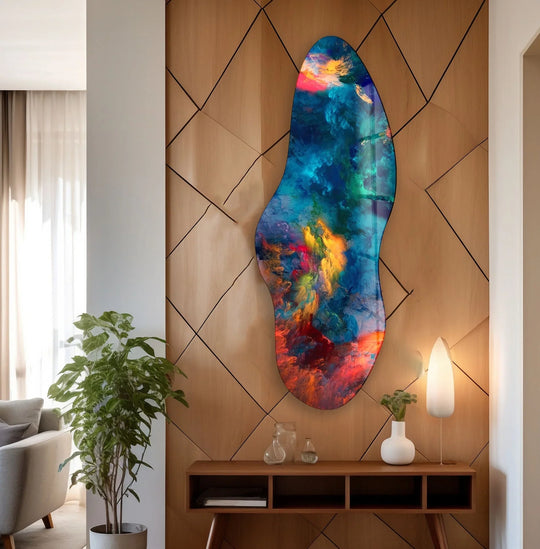 Irregular asymmetrical color bomb print wall art exploding with vibrant blues, greens, and fiery reds.