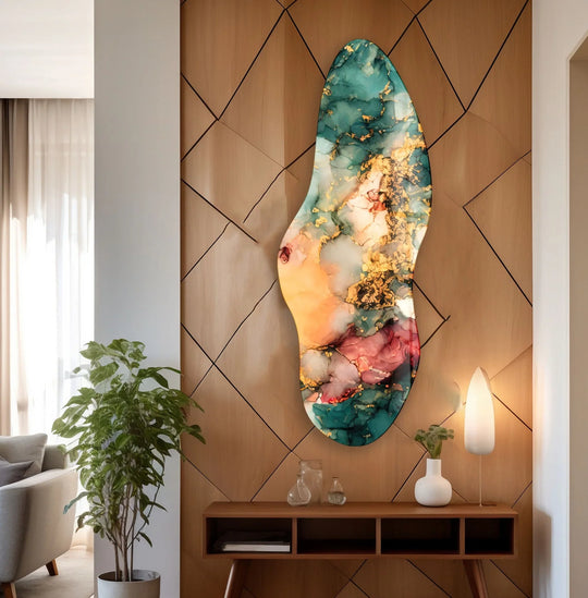 Asymmetrical abstract green marble wall art prints create a striking focal point against a textured wooden wall.