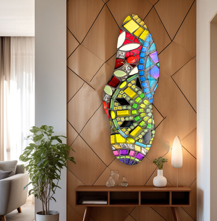 Yellow Mosaic Asymmetrical Glass Wall Art, photo print on glass, prints on glass wall art
