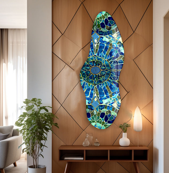 Mosaic Navy Blue Irregular Glass Wall Art, glass art painting, glass art for the Wall

