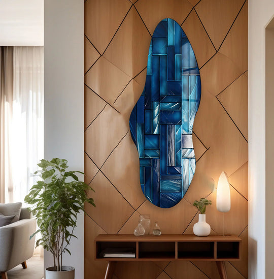 The navy blue mosaic tiles irregular glass wall art features organic borders creating a striking display.