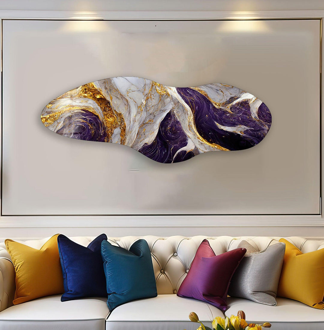 Irregular Asymmetrical Purple & Golden Glass Wall Art Glass Printing Wall Art, Print photos on glass
