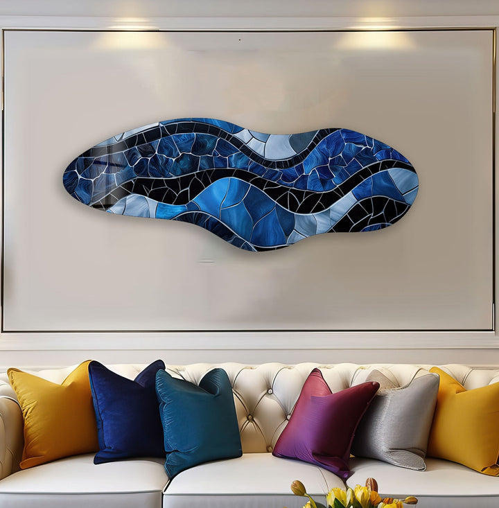 Irregular Asymmetrical Stained Dark Blue Glass Wall Art picture on glass wall art, photos printed on glass
