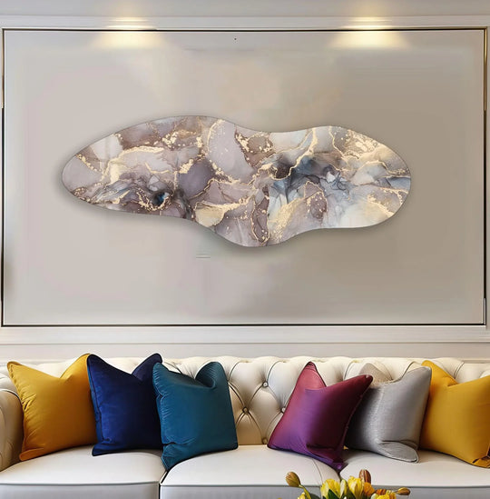 Irregular asymmetrical marble design glass wall art with a shimmering gold-edged border, complementing abstract elegance decor.