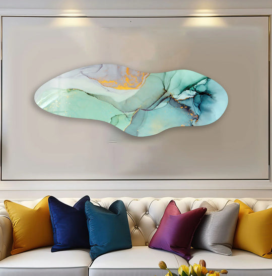 An irregular asymmetrical abstract art from glass with flowing geometric curves in turquoise and gold tones.