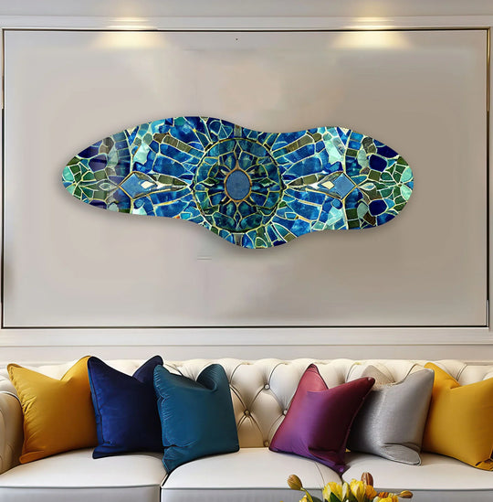 Abstract glass wall art showcasing a mosaic of sapphire and emerald shards, expertly crafted for quality.