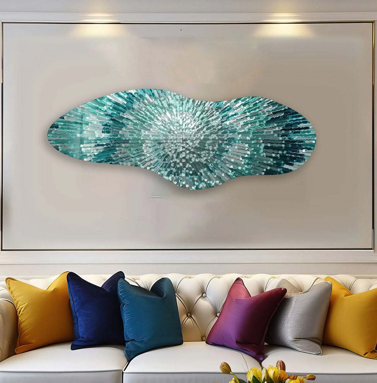 Vibrant turquoise glass art painting with rich color saturation, featuring a dynamic helix design.