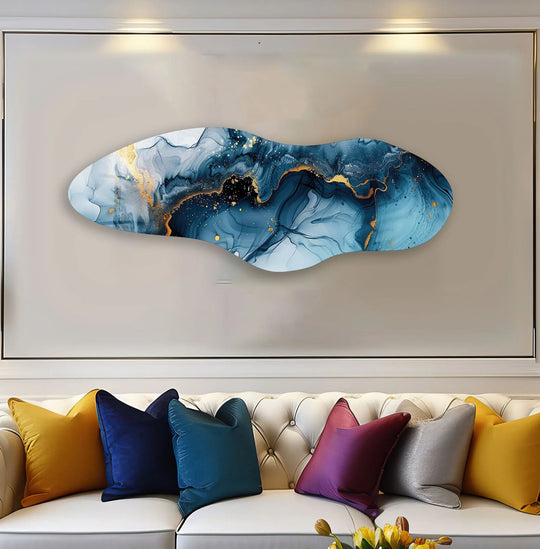 Deep navy blue, sapphire, and azure hues layer with golden accents in this irregular decorative wall art.