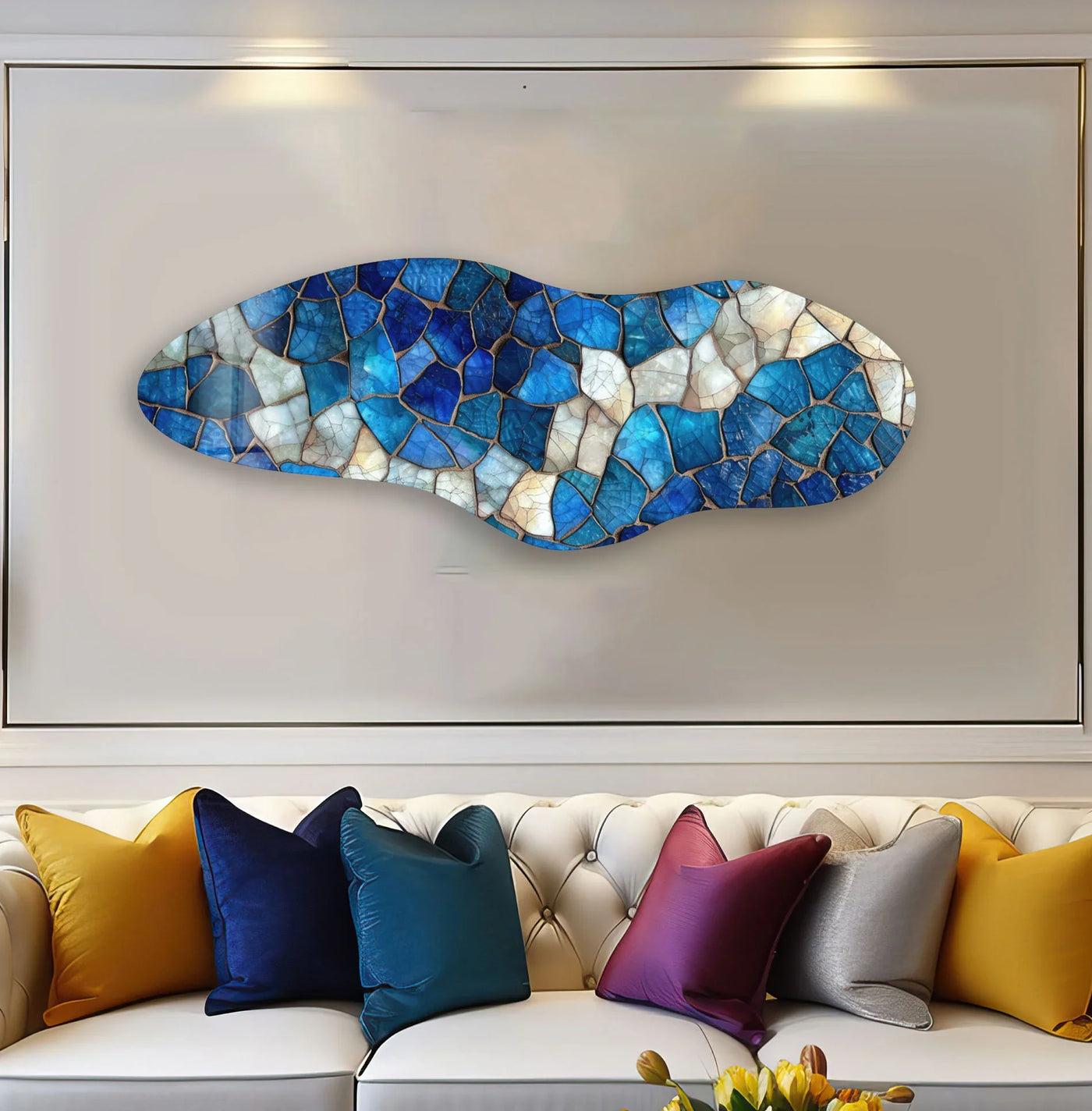 The central asymmetrical blue and white stained glass wall art featuring a mosaic design creates a stunning, colorful focal point as one of the high quality wall art prints.