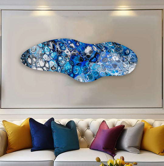 This navy blue abstract glass wall art decor features a unique irregular shape with organically formed geometric cells in shades of sapphire, white, and black.