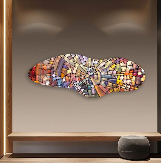 The irregular asymmetrical stained stones glass printing creates a captivating visual rhythm of vibrant, flowing colors and organic shapes across the wall art.