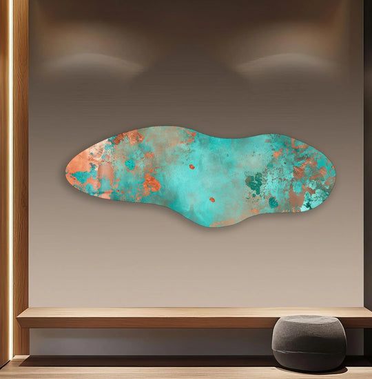 Irregular asymmetrical abstract splash glass art showcases a layered effect of turquoise and bronze hues.