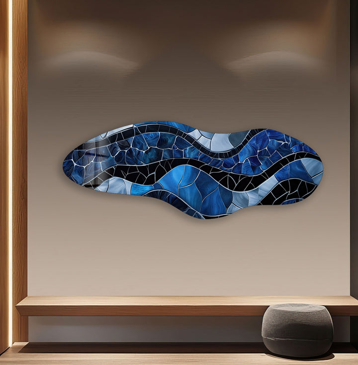 Irregular Asymmetrical Stained Dark Blue Glass Wall Art glass art painting, glass art for the Wall

