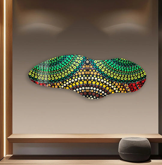 The organic forms of this irregular green mosaic decorative hanging wall art flow with vibrant dots.
