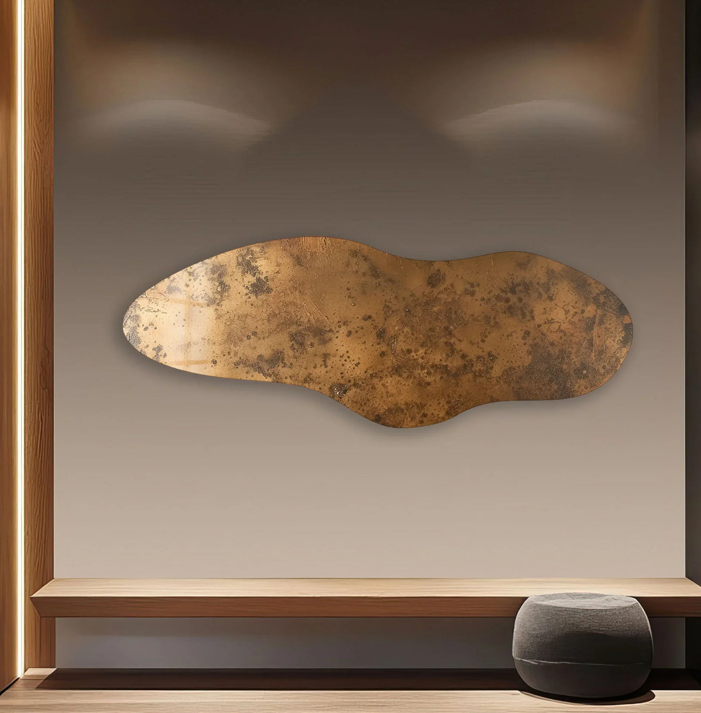 A bronze-colored abstract irregular glass wall art with dark, speckled textures forms a dramatic centerpiece, functioning as decorative wall art.