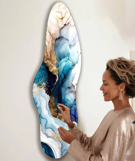 An irregular asymmetrical blue alcohol ink print wall art featuring abstract organic geometric shapes and gold accents.