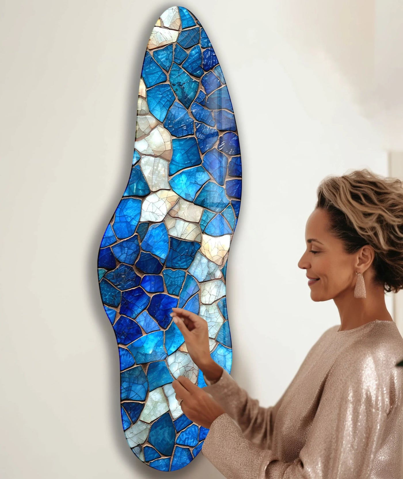 Meticulously crafted, the mosaic wall prints showcase a blue and white stained asymmetrical glass wall art featuring high-quality, durable glass material.