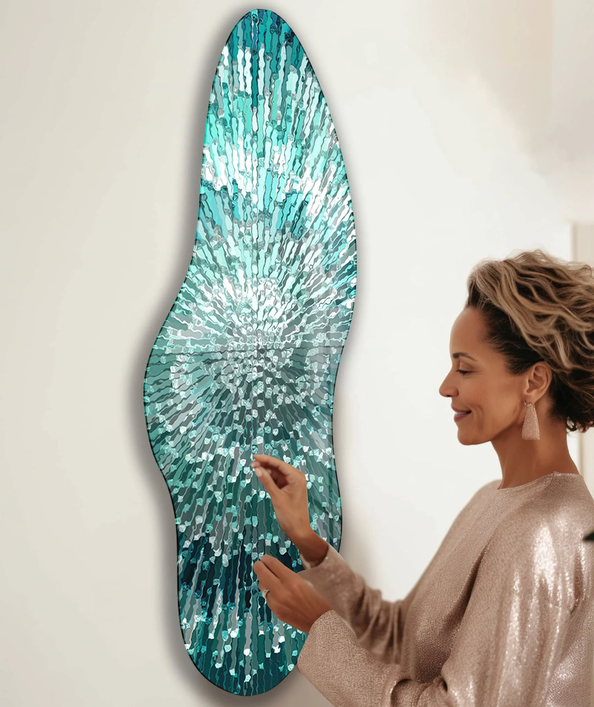 A tall, irregularly shaped glass wall print features a turquoise helix pattern.